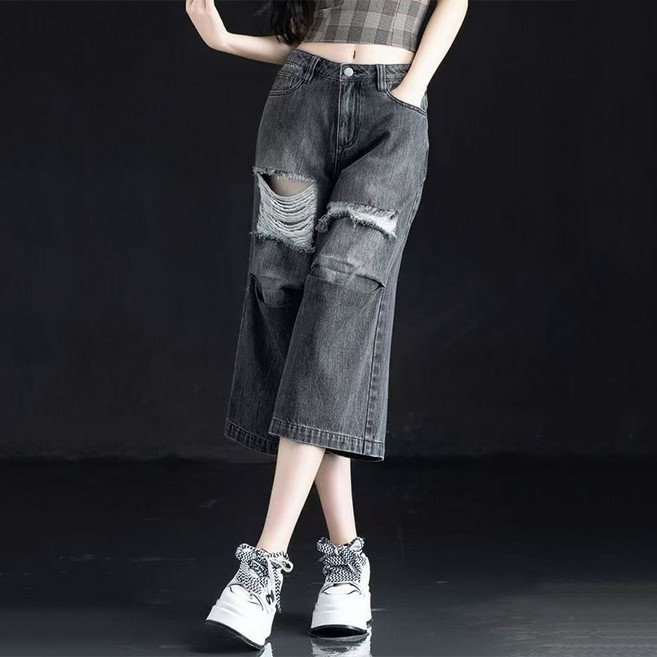 Makone 여성 7부 청바지 하이웨스트 찢청 빈티지 와이드 슬랙스 심플 데님팬츠 데일리룩