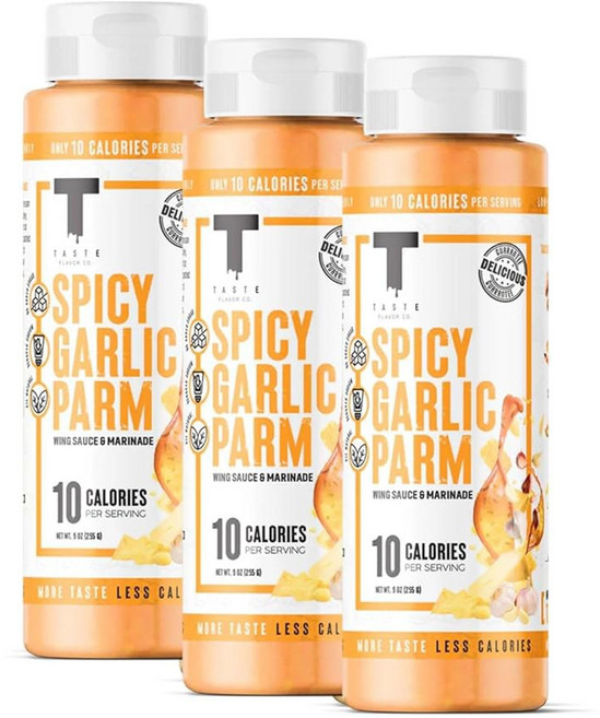맛보기 Co. 윙 소스와 마리네이드 훌륭한 맛 케토 친화적인 저칼로리 소스(파이어 망고 하바네로), Spicy Garlic Parm, 3 Pack