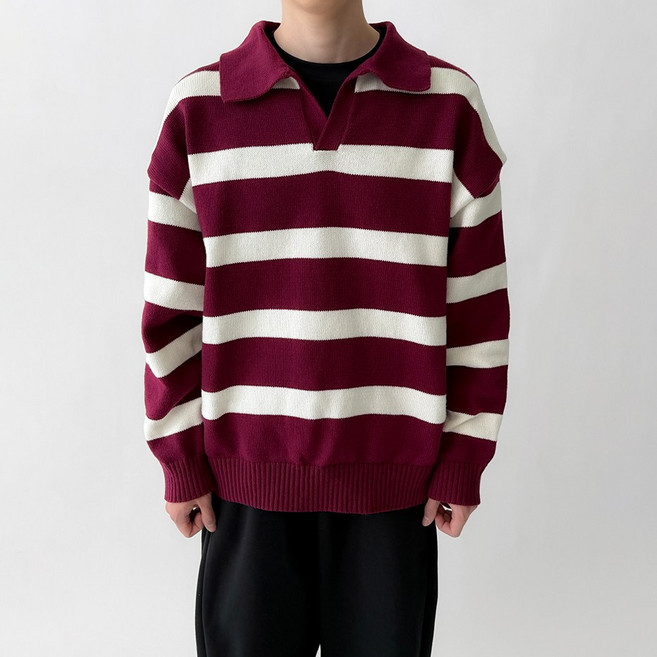 빠델 고중량 스트라이프 단가라 오픈카라 오버핏 니트 스웨터