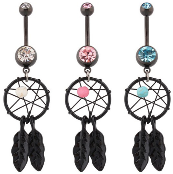 捕夢網水鑽肚臍環 醫用不鏽鋼材質 黑色粗針, 現貨-粉紅色