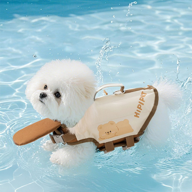 조이포 강아지 물놀이 턱받이 곰돌이 구명조끼, 1개, 아이보리