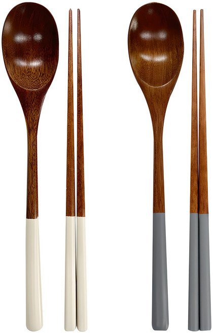 키볼리 한식 파스텔 옻칠 나무 수저 2인 세트, 크림 + 그레이, 숟가락 2종 + 젓가락 2종, 1세트