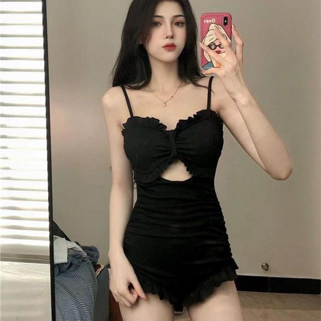 高級感連體泳衣 純欲風長袖防曬罩衫 學生少女泳裝, 1個, 8266黑色單衣L碼 (適合95-108斤)