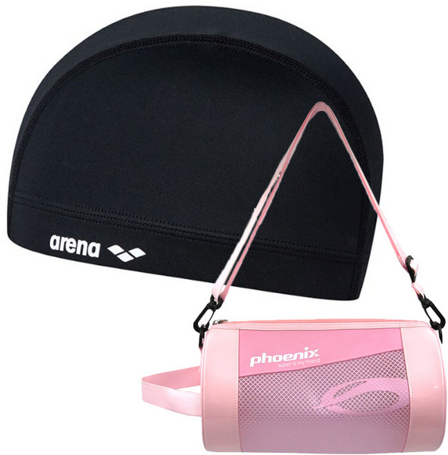 아레나 스판수모 + 피닉스 원형 수영 가방, 수모 BLK + 원형 수영 가방 PNK