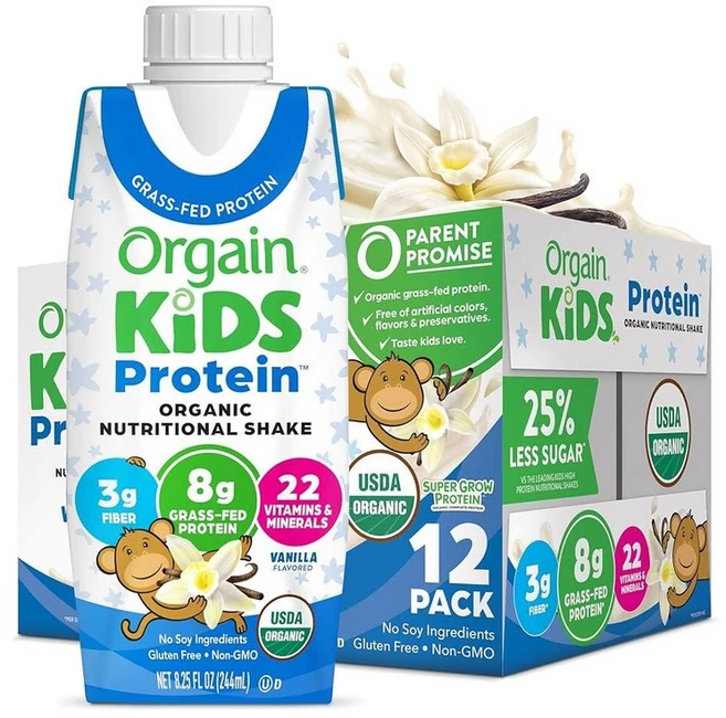 Orgain Organic Kids 영양 단백질 쉐이크 초콜릿 헬스한 어린이 간식 유제품 8g 섬유질 3g 비타민 및 미네랄 22개 콩 성분 없음 글루텐 프리 G, [04] 바닐라, 바닐라_148086, 244ml - 쿠팡