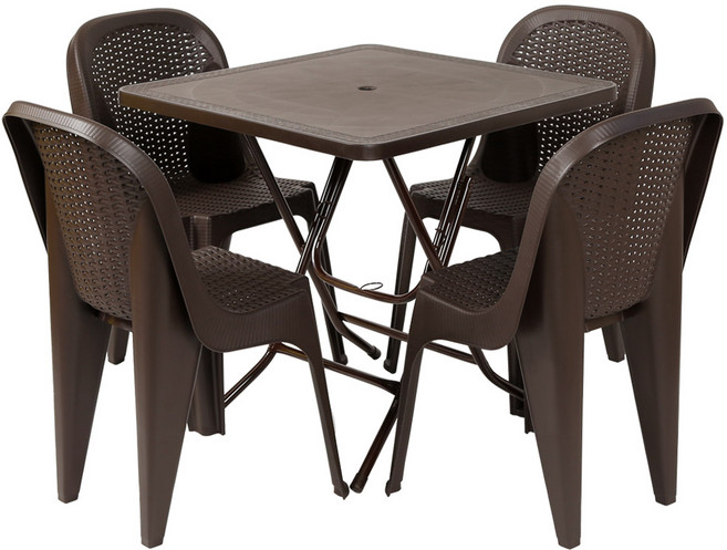 지오리빙 라탄 테이블 사각 + 등받이 의자 4p 세트 고객직접설치, 브라운