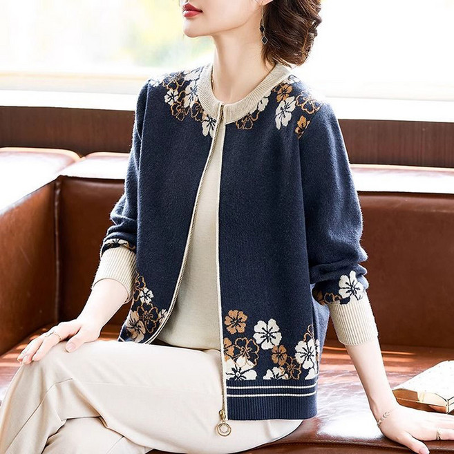 ORZQU 봄가을 중년여성 캐주얼 플라워 니트 스웨터 집업 가디건 숏 톱