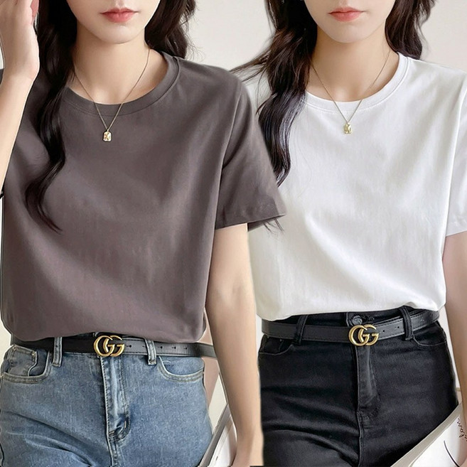 천하오 1+1 여성용 순면 반팔 티셔츠 루즈핏 상의 TZ1182