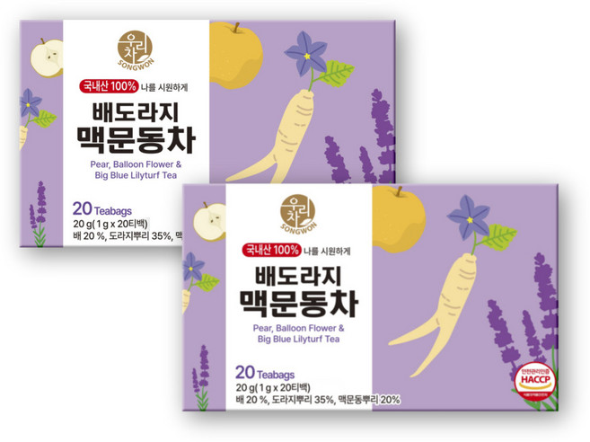 우리차 송원식품 배도라지 맥문동차 티백, 2개, 20개입, 1g