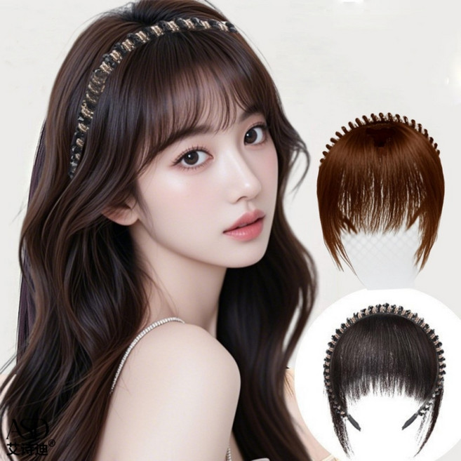 상덕 앞머리 가발+머리띠 볼륨 시스루뱅 헤어피스, 1개, 브라운블랙