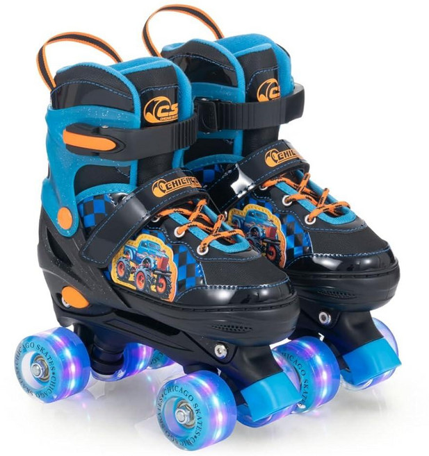 Chicago Skates Glitzy 아동용 롤러 스케이트 몬스터 트럭 - 조절 가능한 여아 남아용 라이트업 휠 내구성 있는 초보자 쿼드 스케이트 프론트 스토퍼 편안함