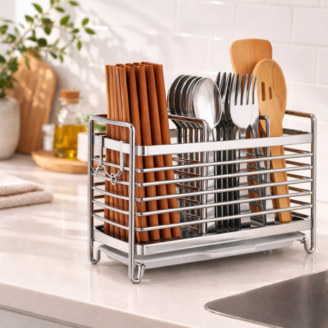 스텐수저통 스텐칫솔꽂이 3칸수저통 스텐물빠짐수저통 수저정리함 칫솔꽂이 무타공수저통 수저꽂이, 은색, 1개