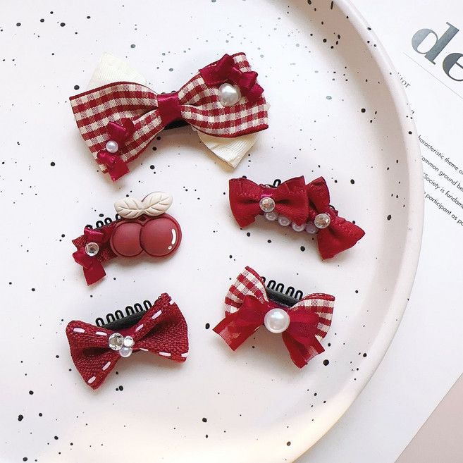 강아지 머리띠 반려동물 머리핀 5종, 5개, 레드체크