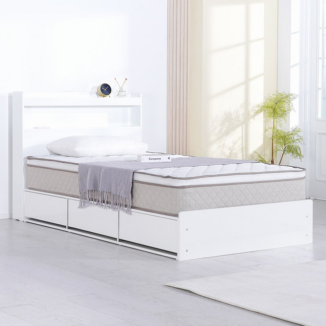 (매트포함)보루네오 국내생산 LED 멀티수납 통서랍 카이언 침대+독립스프링 유로탑 매트리스, 04.화이트