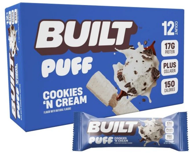 Built Bar 파티 믹스 버라이어티 팩 빌트 바 퍼프 프로틴 딸기와 크림 15g 단백질 간식 이동용 140칼로리만 8g 설탕 콜라겐 함유 글루텐 프리 12개입, Cookies 'N Cream Puff, 12개 (1팩), 1개 - 쿠팡