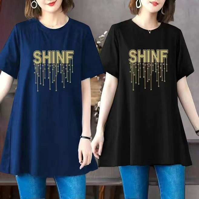 1+1 여름 박사이즈 여성반팔티 레터링 프린트 하프 티셔츠 루즈핏 롱티 중년여성의류