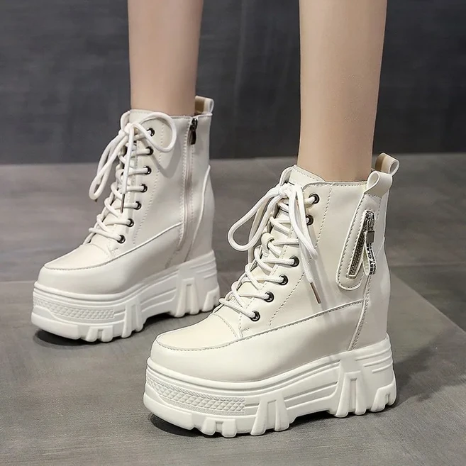 여성용 키높이 워커부츠 데일리 봄가을 스트링 통굽10cm굽 미끄럼 방지 숏부츠25atjm01LL