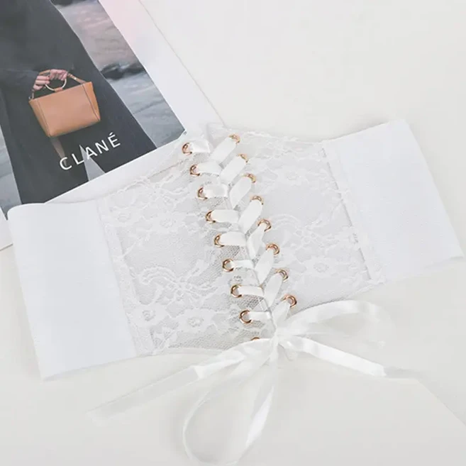 패션 여성 허리 코르셋 꽃 자수 탄성 허리띠 블랙 화이트 레드 핑크 와이드 레이스 슬리밍 바디 벨트 커머, 01 싱글 사이즈, 07 White