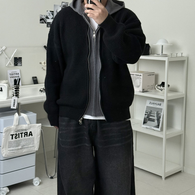 르위 도톰 니트 후드집업 레이어드 빅사이즈 자켓