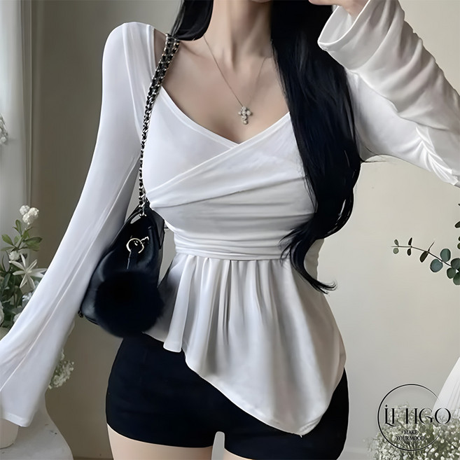 레티고 글램 섹시 딥브이넥 언발 셔링 랩 긴팔 티셔츠