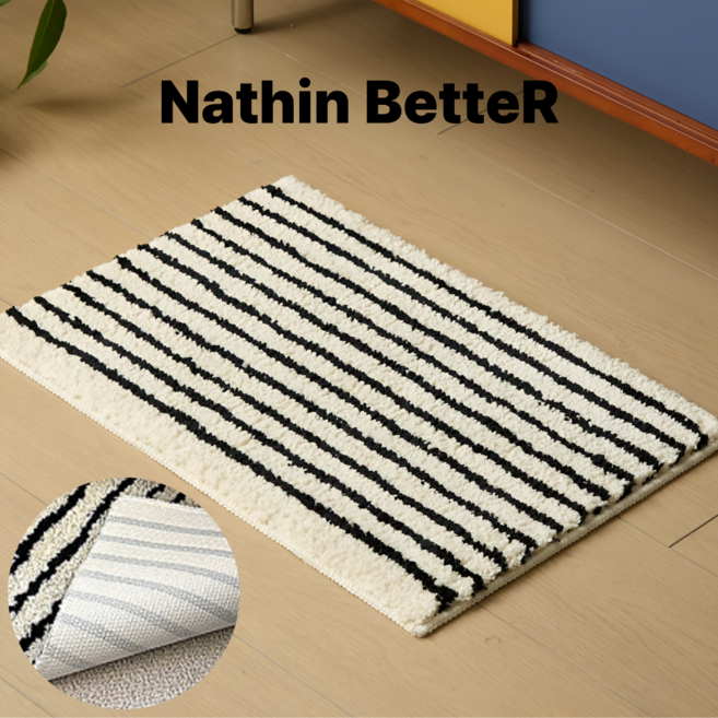 나띵베럴 미끄럼방지 부드러운 스트라이프 욕실 화장실 현관 발매트, 1개, 블랙앤화이트