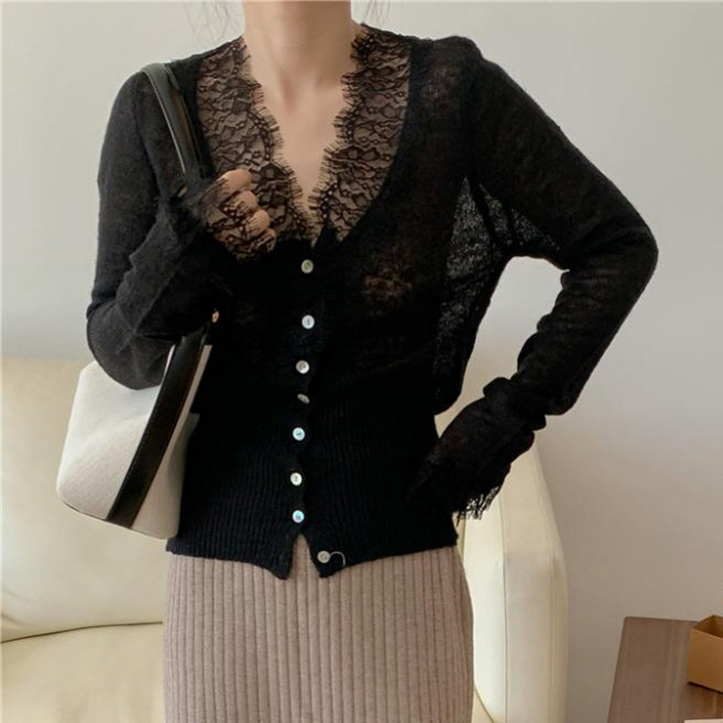 뉴욕멋쟁이 샹델리제 레이스 골지 슬림 가디건