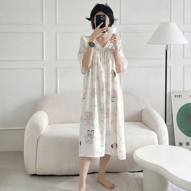 여름잠옷 원피스잠옷 지지미 냉감원단 파자마 홈웨어
