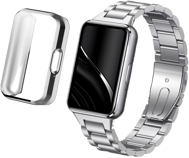 아이메이드잇 갤럭시 핏 3 호환 3라인 메탈 스트랩 + 케이스 세트, 실버