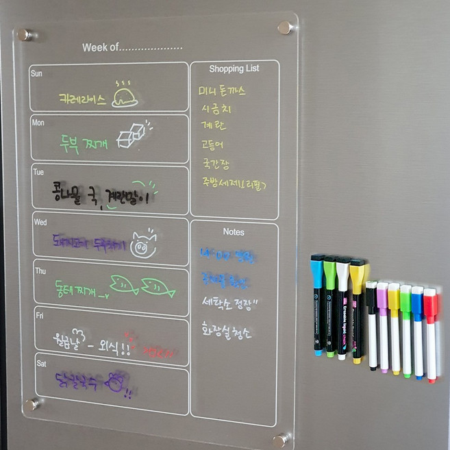 KCJ 냉장고 투명 아크릴 자석 메모보드 + 마카펜 세트, 1세트