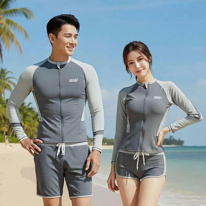 큰귀멍멍 남녀 커플 수영복 세트 긴팔 래쉬가드 비치웨어 UV차단 커플룩