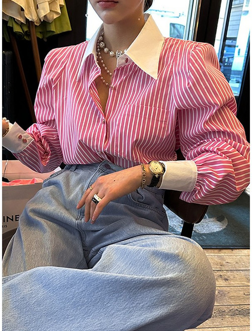 더블공주 여성 클래식 배색 카라넥 스트라이프 패드셔츠