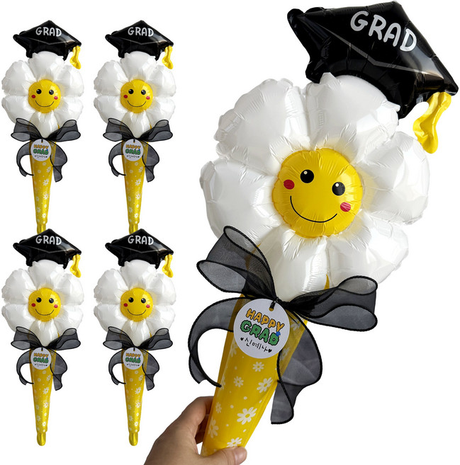 [메무모] 졸업 학사모 데이지 막대풍선 세트, 5개, 학사모데이지리본