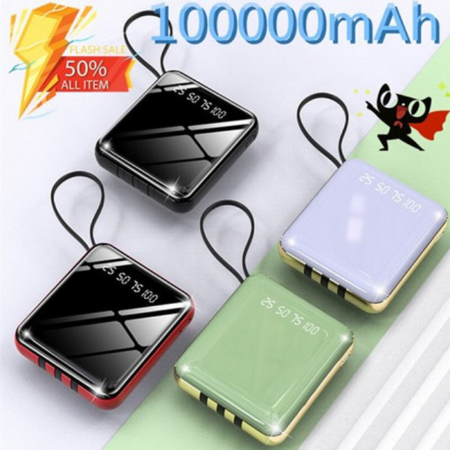 DANNYZEE 미니 보조배터리 대용량 100000mAh 고속충전 휴대용 밧데리 디지털 디스플레이 내장 케이블, 레드, DX13