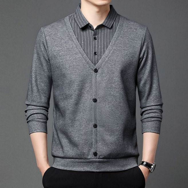 봄 가을 남성 레이어드 셔츠 캐주얼 페이크 투피스 폴로넥 긴팔 셔츠 루즈핏 패션 남자 니트티 긴소매 상의 YJW
