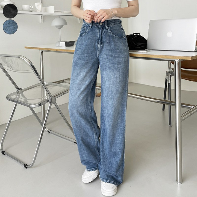 가비진 여성용 여름 시원 데님 밑단 스냅버튼 일자 와이드 청바지 데님팬츠 기장 조절 바지