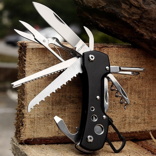 Dr.Tools 다용도 15 in 1 맥가이버 칼 캠핑 멀티툴 만능 공구 생존 등산, 블랙