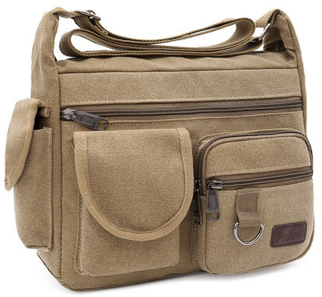 帆布男士單肩包 超大容量多層斜挎包 休閑商務 學生出行, 卡其色