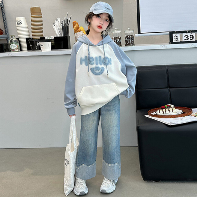 비비키드 주니어 상의 초등생 하의 세트 여아 봄 가을 세트 초중생 긴팔티 초등생 데님 상하세트 HELLO후드 (XIAOLIANWEIYI)