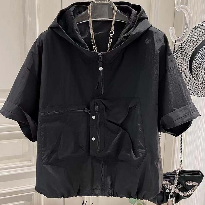 TKX 남성 반팔 후드 티셔츠 집업 캐주얼 루즈핏 경량 바람막이 스타일 일상 운동용