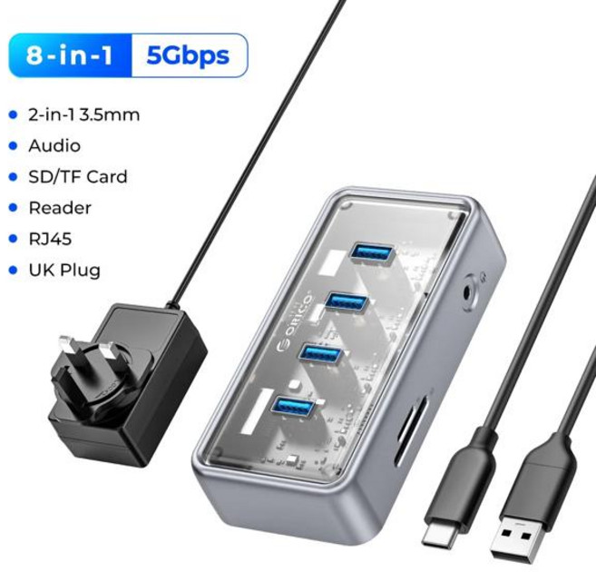 ORICO 메탈릭 USB 3.1 허브 5Gbps 고속 변속기 8 포트 동시 확장 포트 모든 맥북 맥 미니용, [04] 8-Port UK Plug