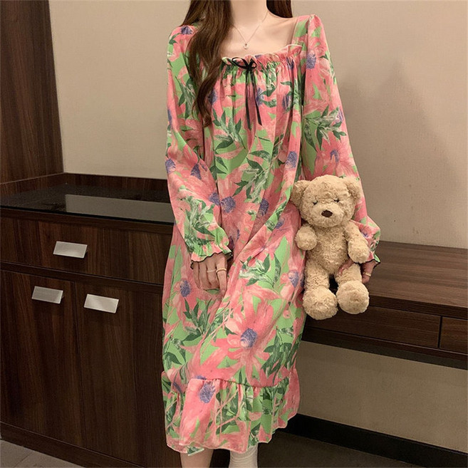 TKX 여성용 봄 가을 긴소매 수면 원피스 내추럴 프린팅 디자인 탈착형 가슴 패드 스퀘어넥 귀여운 잠옷 K73