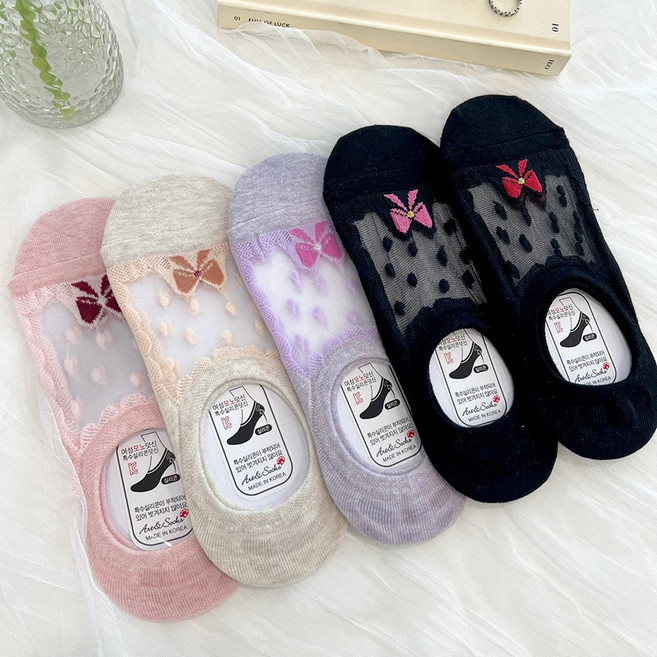 여성 리본 망사 덧신 미끄럼방지 실리콘 시스루 페이크삭스 5켤레