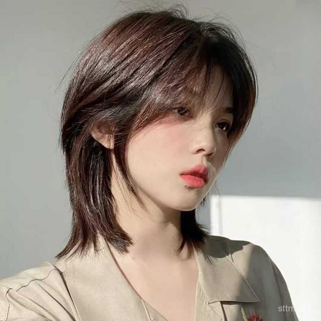 울프컷 긴머리 가발 헤어 네트 리프컷 남성장발 군인 휴가용 가발, 1개, 7. 흑갈색 세트 × 1개