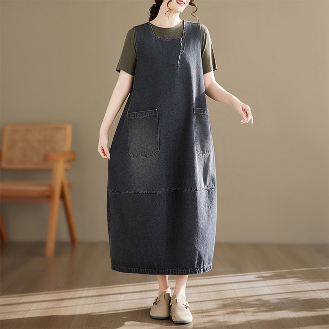 ANYOU 여성 데님 원피스 캐주얼 사선 포켓 빅사이즈 데님 원피스