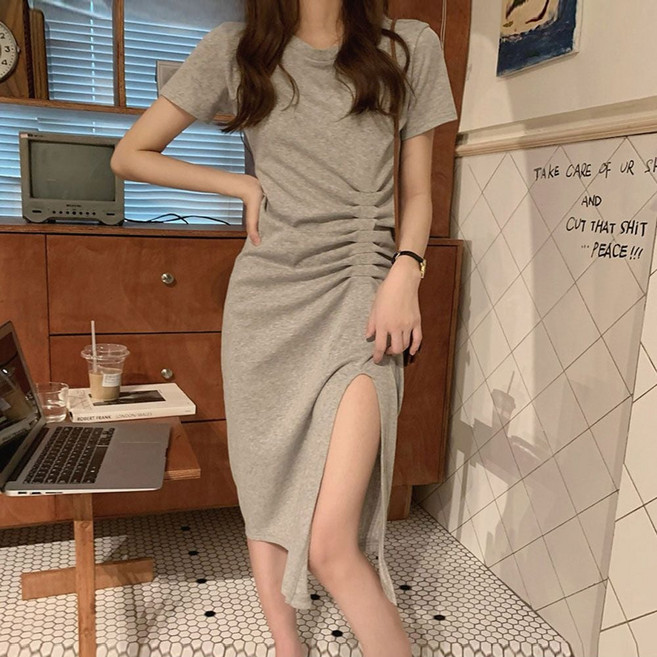 기니디샵 셔링 앞트임 반팔 원피스 소프트 라운드넥 신축성 zin+66778VN