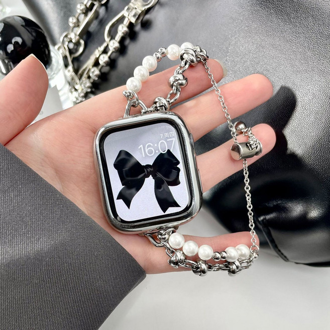 珍珠水晶表鏈 適用 Apple Watch, 1個, 珍珠金屬僅表帶42mm(s10)