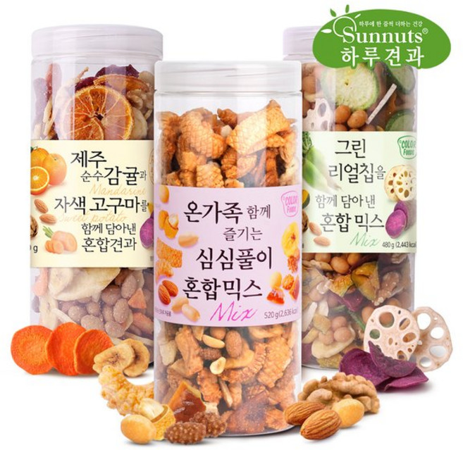 썬넛트 [하루견과] 원물 혼합믹스 3종 그린리얼칩1통제주의맛1통온가족1통청무칩 제주감귤칩 자색고구마칩 바나나칩 프레첼 견과류, 1, 520g