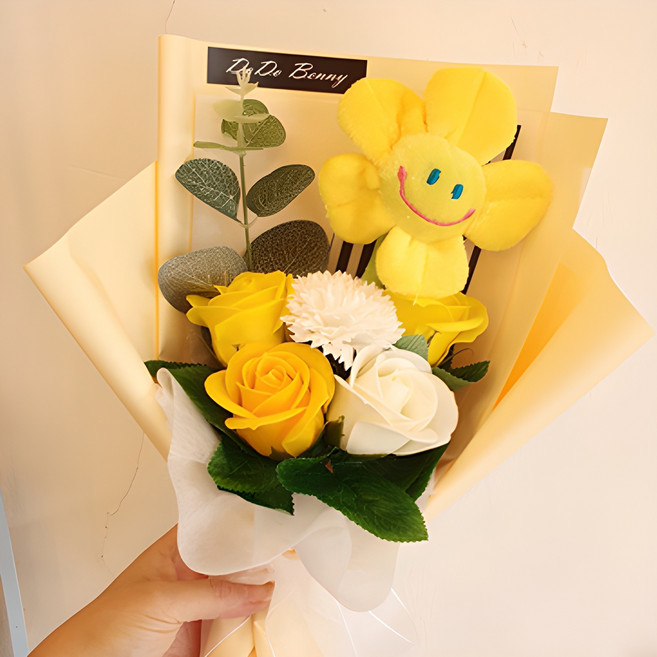 도도베니 비누꽃 스마일 인형 미니 꽃다발, 노랑, 1개