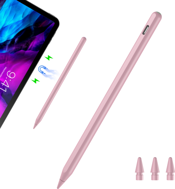 JAMJAKE 아이패드 호환 스타일러스 펜슬 스마트 터치펜 초미세 펜촉 2가지 충전 방식 자석 충전 + USB-C 충전 P10, 1개, 핑크