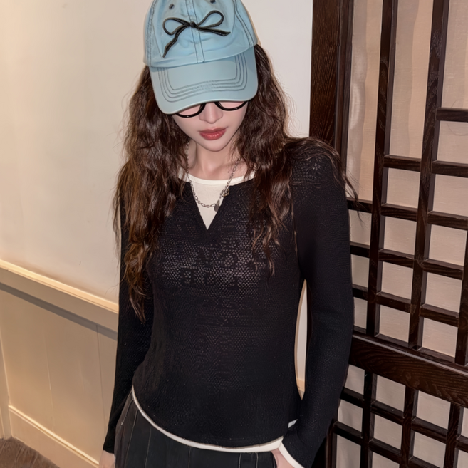 무니유유 고급 패션 은사 자수 레이어드 배색 라운드넥 긴팔 니트 티셔츠